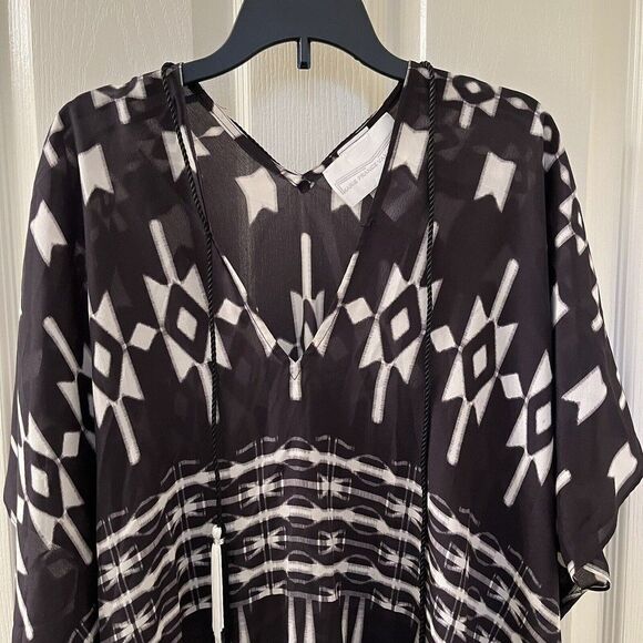 Marie France Van Damme Ethnic Printed Silk Short Boubou Caftan Black White OS - Picture 5 of 16